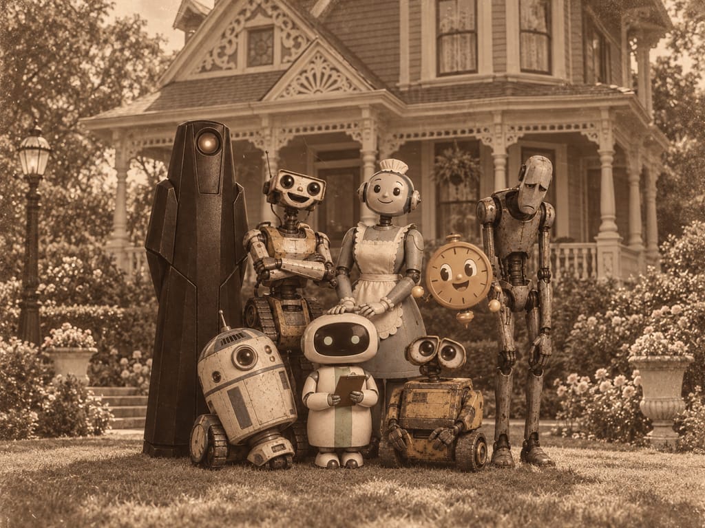 An old sepia photograph of the homebot family on the lawn in front of a Victorian house with a porch, garden urns and a lamp post. Back row, left to right: HAL 9000, a tall black monolith with a round glowing eye; Johnny 5, arms folded, on his treads; Rosie in a maid’s cap and apron, both hands resting on Neatpik’s head; Miss Minute, a smiling pocket-watch face; and Marvin, tall, gaunt and glum. Front row: R2-D2, Neatpik in the centre holding a clipboard, and WALL-E.