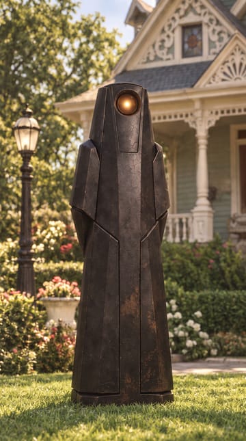 HAL 9000: a tall black monolith with one round amber eye, beside a lamp post.