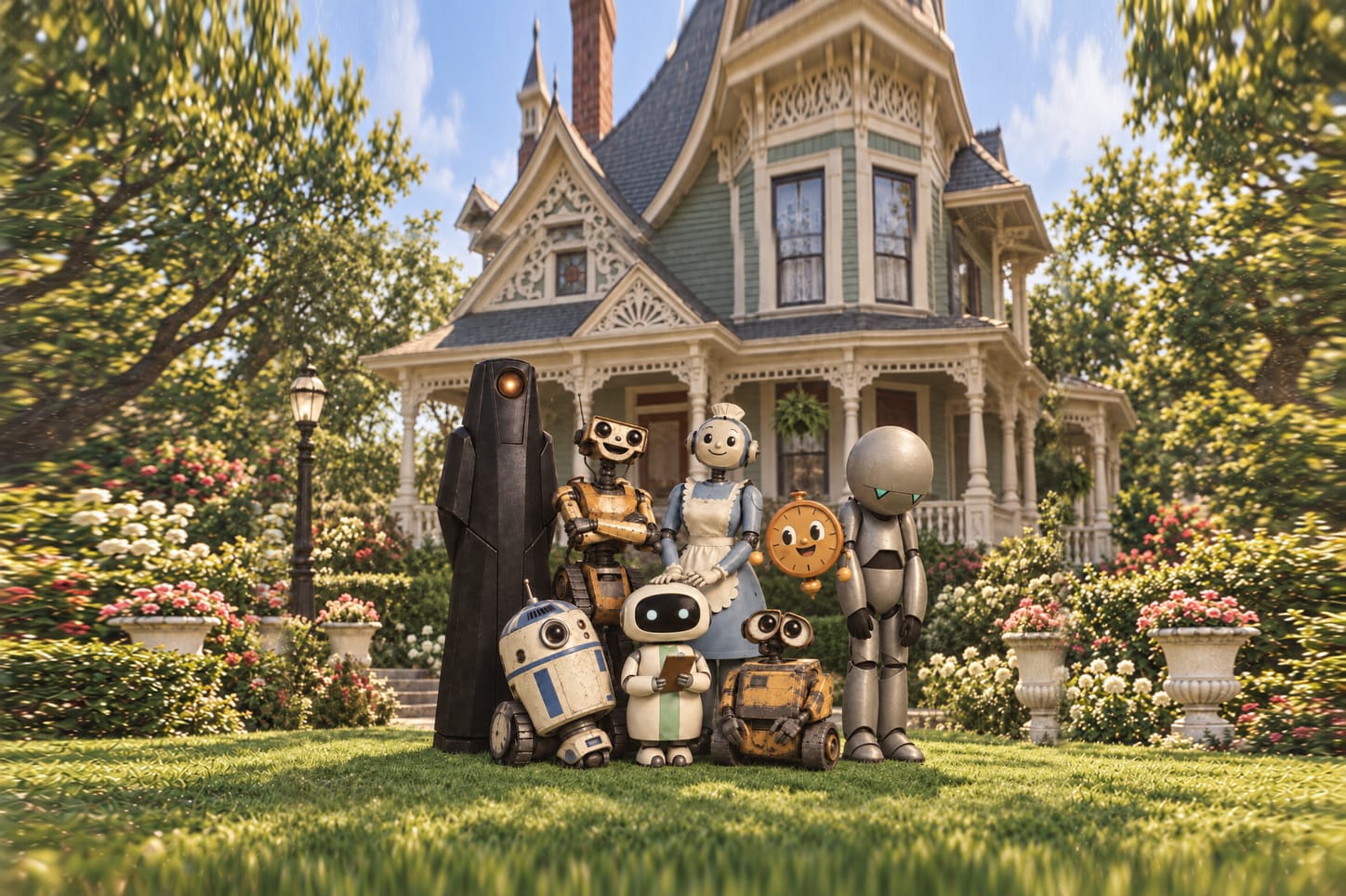 The homebot family on the lawn in front of a green Victorian house with a white porch, rose bushes and a lamp post, in warm late-afternoon light. Back row, left to right: HAL 9000, a tall black monolith with a round glowing eye; Johnny 5 on his treads; Rosie in a maid’s cap and apron, both hands resting on Neatpik’s head; Miss Minute, a smiling pocket-watch face; and Marvin, tall, grey and glum. Front row: R2-D2, Neatpik in the centre holding a clipboard, and WALL-E.