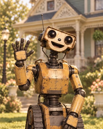 Johnny 5: a brass robot on treads with a wide grin and two lens eyes.