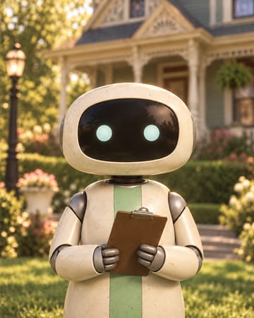 Neatpik: a small cream-white robot with a dark visor, two mint eyes and a mint stripe, holding a clipboard in front of the house.