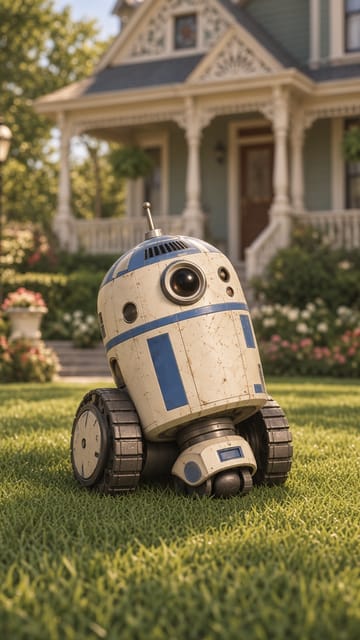 R2-D2: a domed white and blue robot on the lawn, with one round eye.