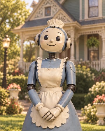 Rosie: a robot maid with a round smiling face, a frilled cap and a white apron over a blue dress.